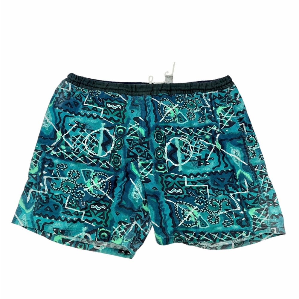 Basic Editions Vintage 90s‎ Teal Abstract Print Swim Trunks Mesh Lined XL
